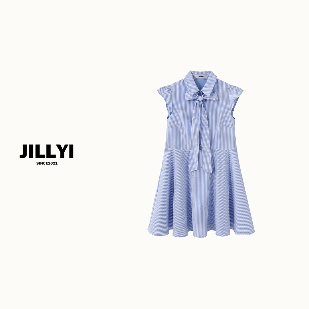 JILLYI【条纹浅蓝】浅蓝色条纹蝴蝶结小飞袖连衣裙洋气时尚夏季