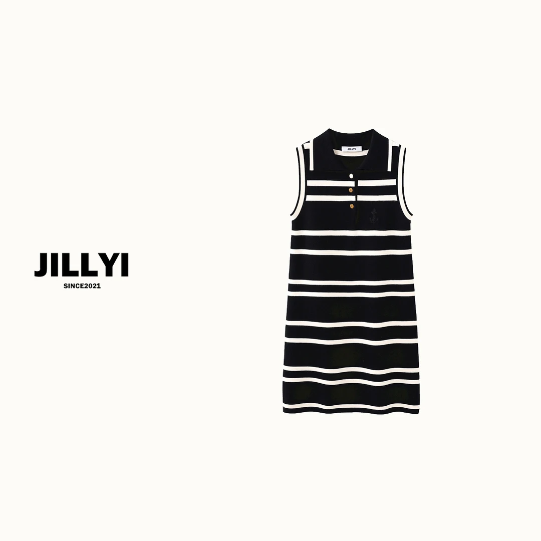 JILLYI【白巧可可】黑白条纹翻领针织女装连衣裙气质时尚休闲女士