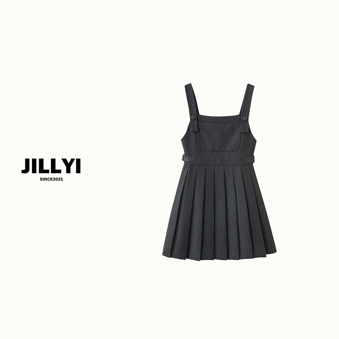 JILLYI【优雅图书馆】深灰色复古优雅吊带连衣裙百搭修身显瘦秋款