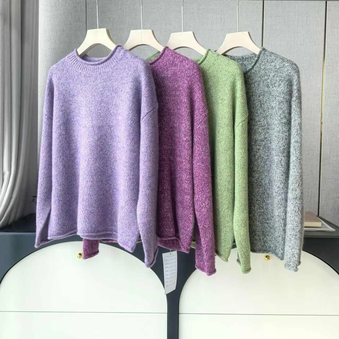 28528卷边圆领撞色花纱宽松丝羊绒衫