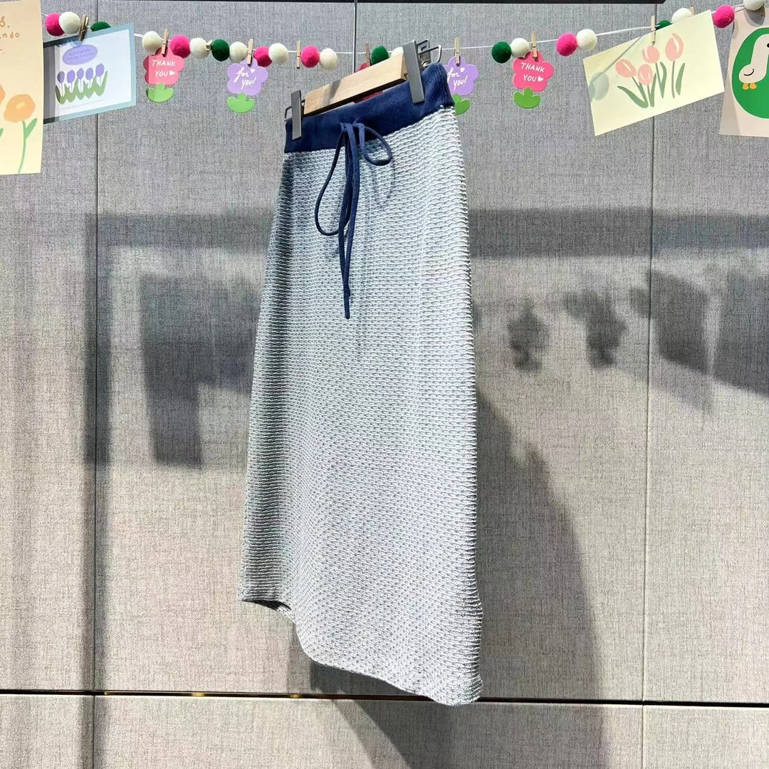 1138韩系气质优雅蓝色杂色鱼鳞纹抽绳纯棉半裙