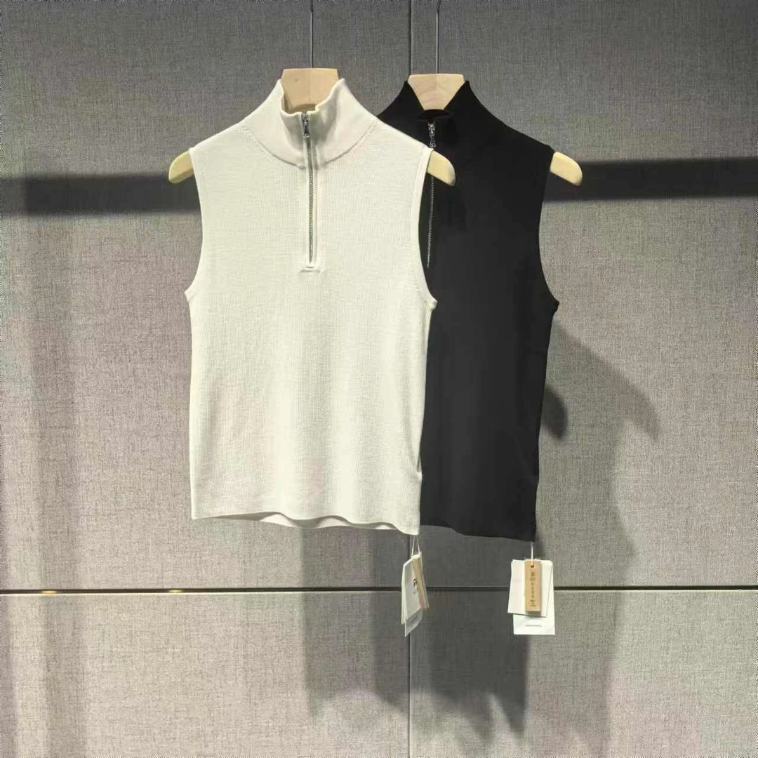 7377简约立领修身显瘦半拉链无袖纯美丽诺羊毛马甲