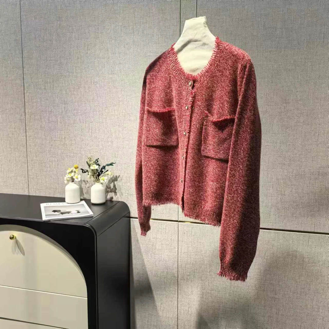 172209-SS红人上新小香风精致双口袋花纱流苏纯山羊绒开衫