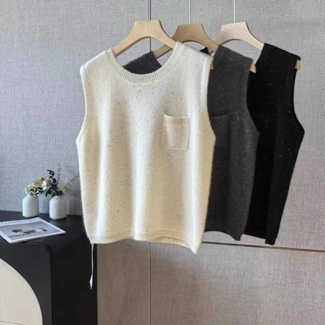 23253红人上新百搭两面穿V领纽扣口袋金豆纱纯山羊绒马甲