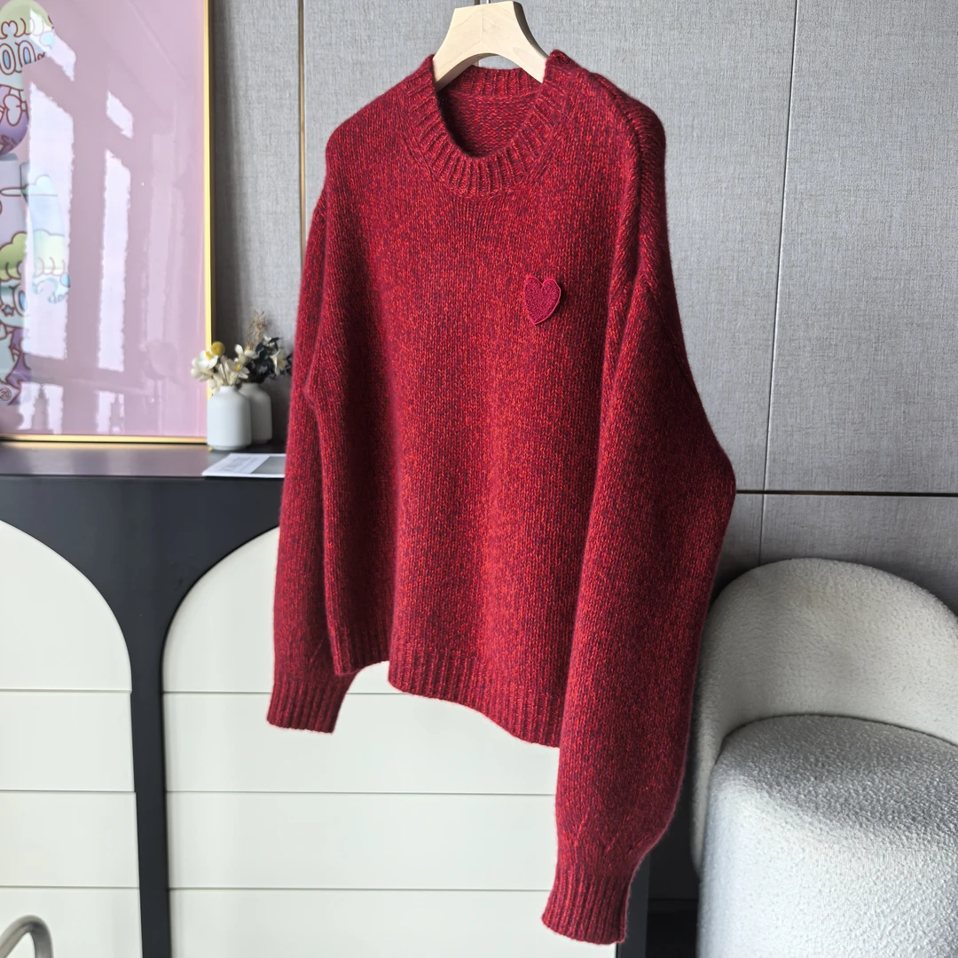 507重工螺纹圆领爱心刺绣花纱纯山羊绒衫