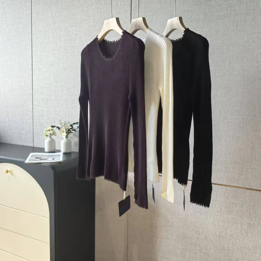 40515时尚破边领口坑条18针纯美丽诺羊毛内搭