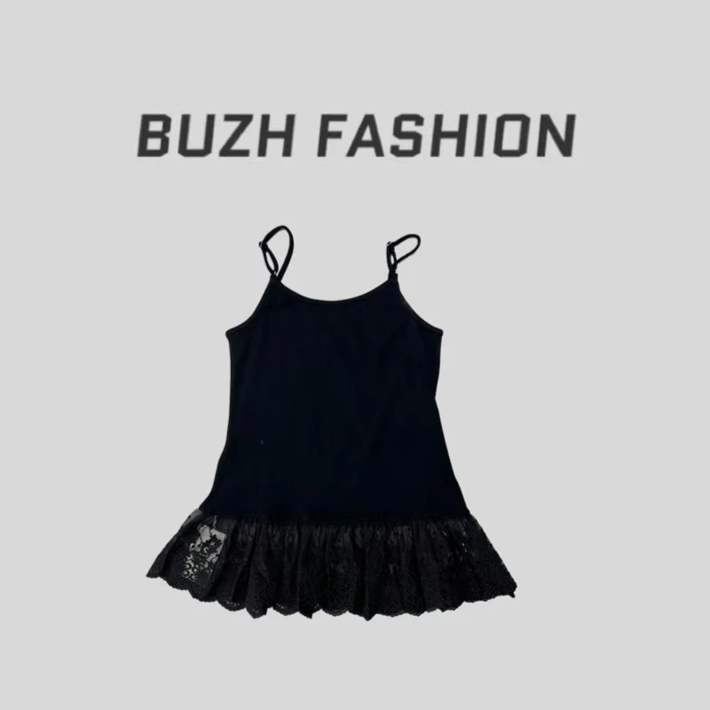 BUZH2024 新款纯色细肩带中长款蕾丝花边外穿背心