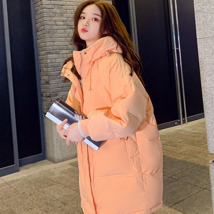 羽绒服橘色羽绒服女连帽中长款小个子2023新款宽松羽绒服/非半身