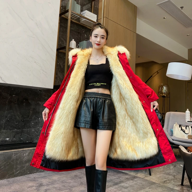 派克服女2023新款冬美式高级感加绒厚红色连帽外套女夹棉衣棉服