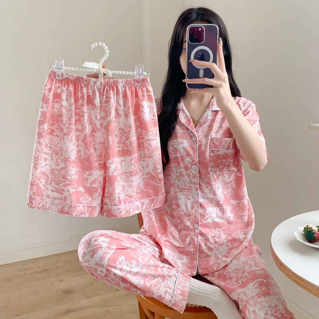 夏季透气翻领套装春秋夏天棉绸睡衣套装可外穿家居服女士薄款宽松