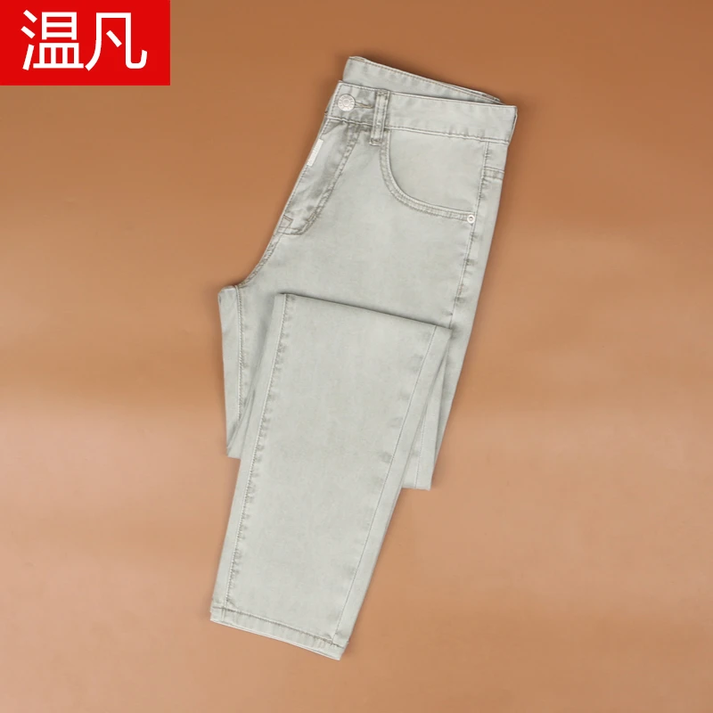高端牛仔裤男款夏季薄款潮牌修身小脚复古水洗浅杏色裤子休闲长裤