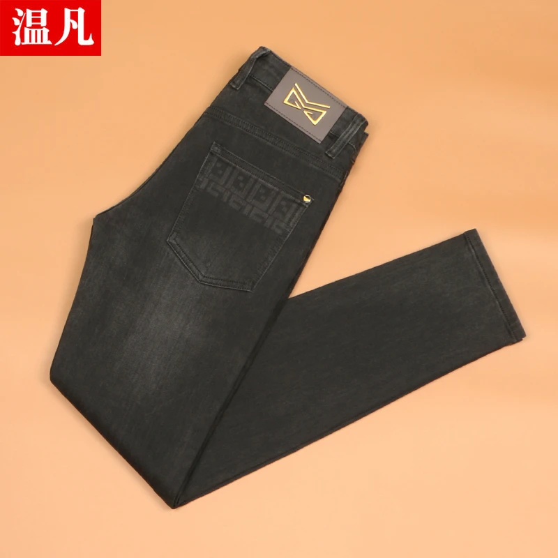 高端黑灰色牛仔裤男秋季修身小脚裤韩版男生休闲潮牌刺绣弹力长裤