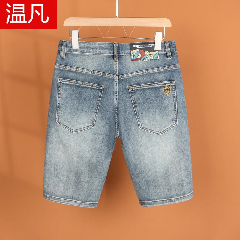 高档牛仔短裤男夏季薄款潮牌宽松直筒五分裤韩版日系复古5分短裤