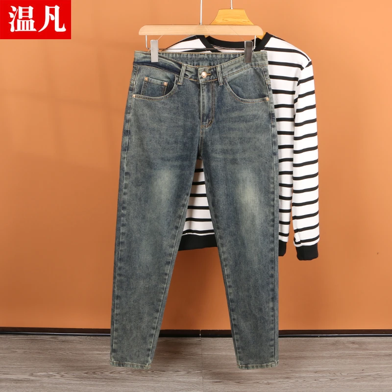 高端复古牛仔裤男士秋季新款修身小直筒潮牌做旧美式弹力休闲长裤