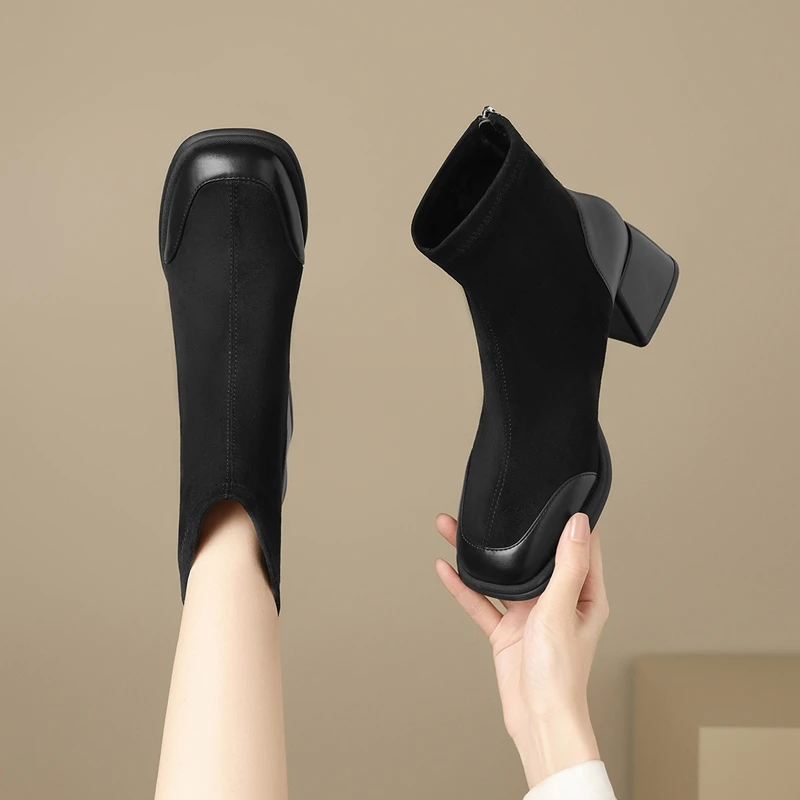 高跟短靴女士马丁靴2024新款冬季时尚黑色瘦瘦靴法式粗跟切尔西靴