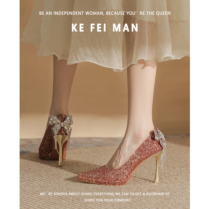 水钻蝴蝶结秀禾婚鞋女防水台高跟鞋不累脚新娘鞋酒红色