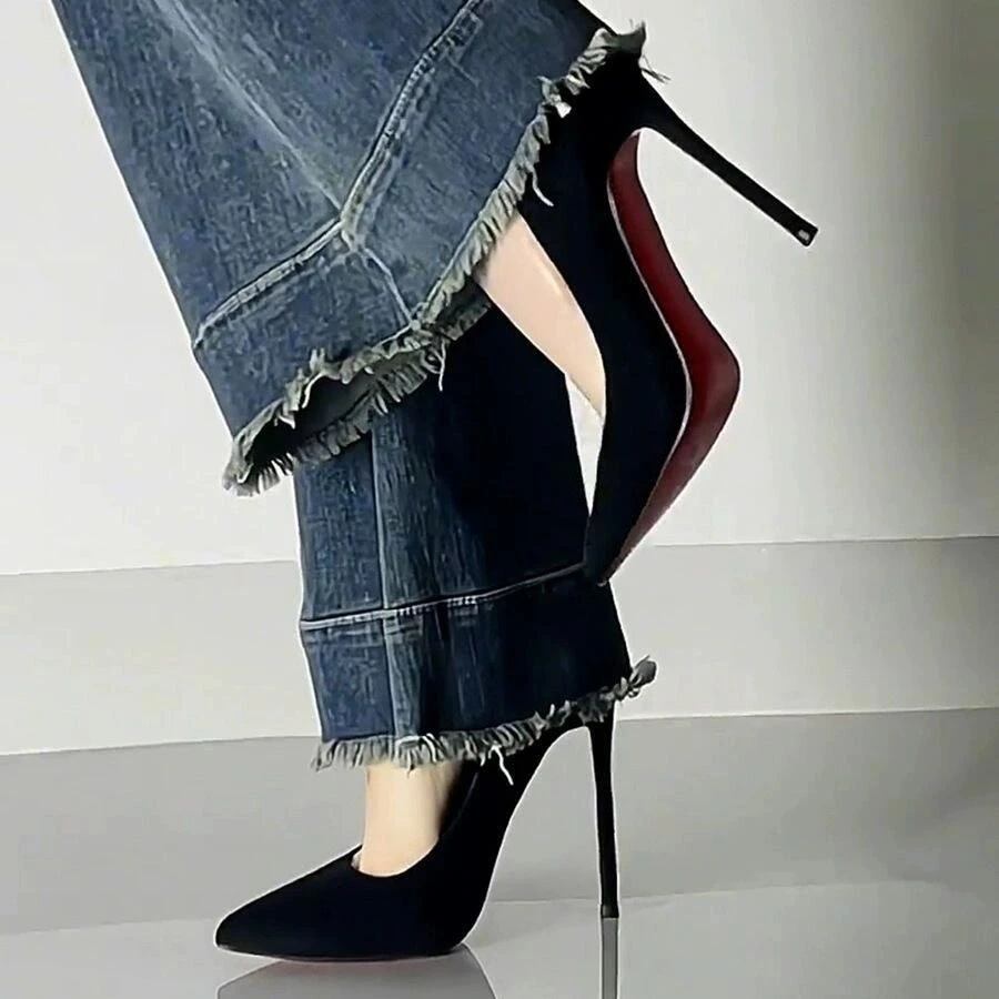 黑色红底高跟鞋女细跟春夏2025新款气质性感尖头通勤绒面职业单鞋