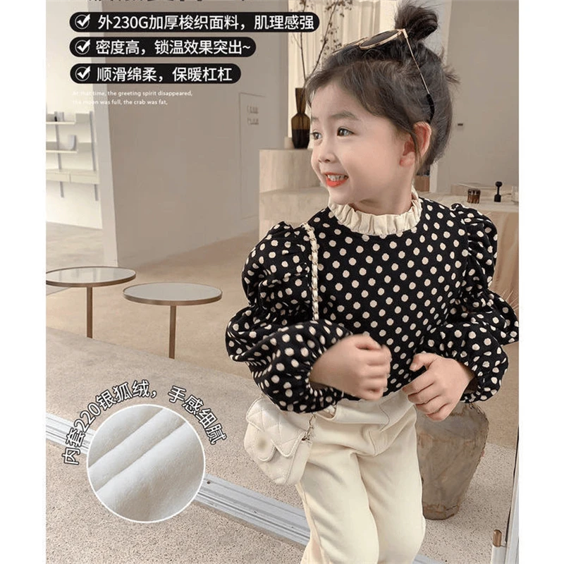 A854新款小女孩漂亮小衫冷淡系高级感木耳边黑色波点衬衫洋气上衣