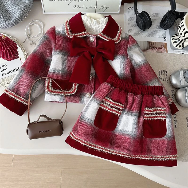 女童冬季新款2024红色格子两件套女童高级感气质新年款半身裙套装
