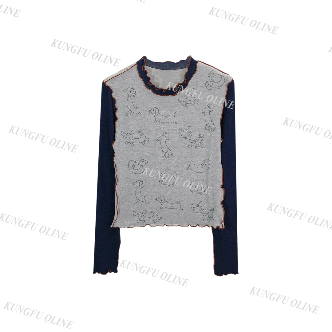 【多多专属】CT6989设计师小众短款打底衫拼色长袖上衣