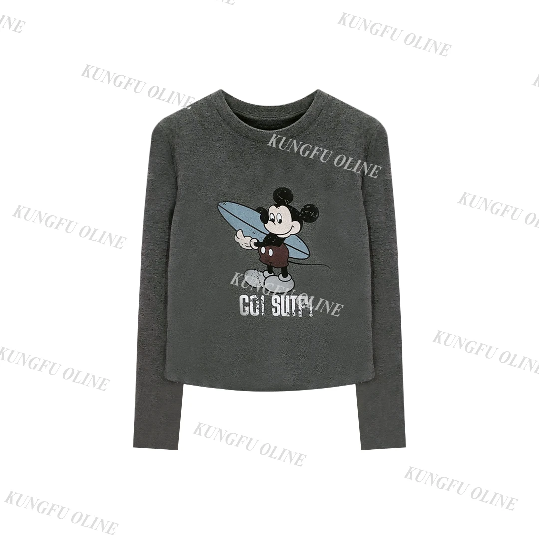 【多多专属】CT7870滑板米奇磨毛T恤女秋季长袖圆领百搭短款上衣