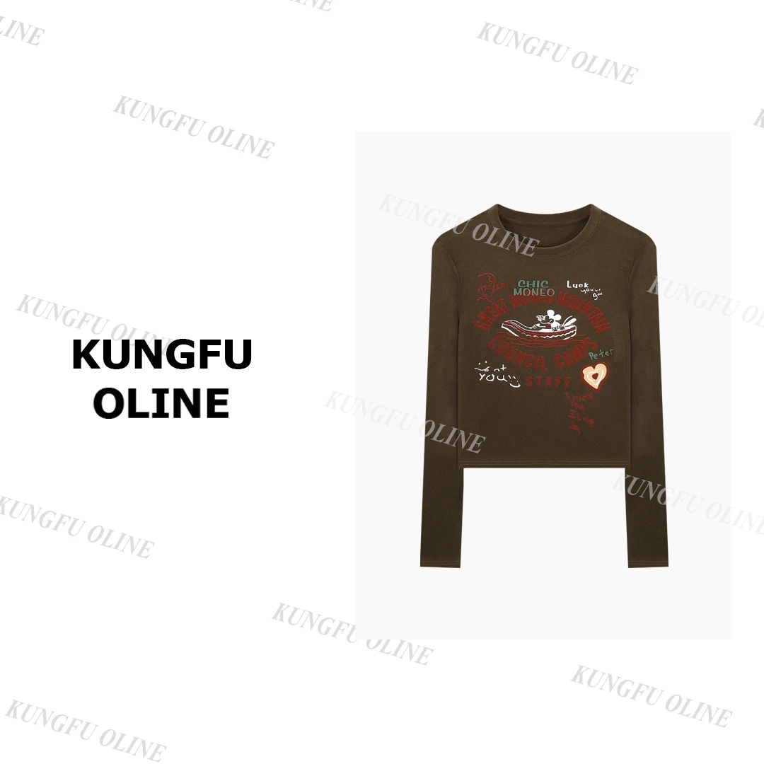 【Luu】【划船鼠】CT5061秋季流光风印花棉T恤短款修身上衣打底衫