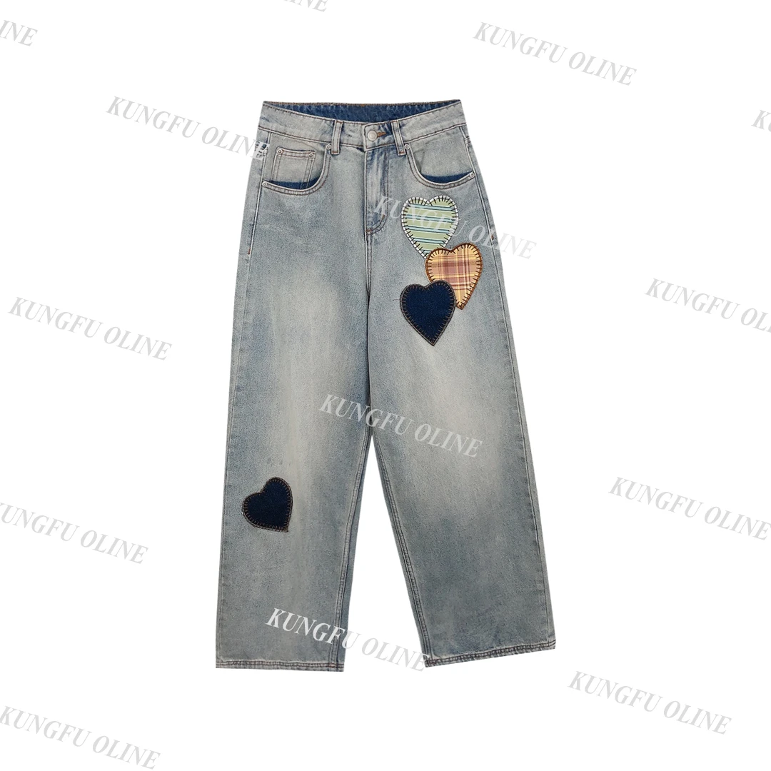 【周周】NZK6053复古水洗做旧彩色爱心贴布牛仔裤女长裤 宽松直筒裤