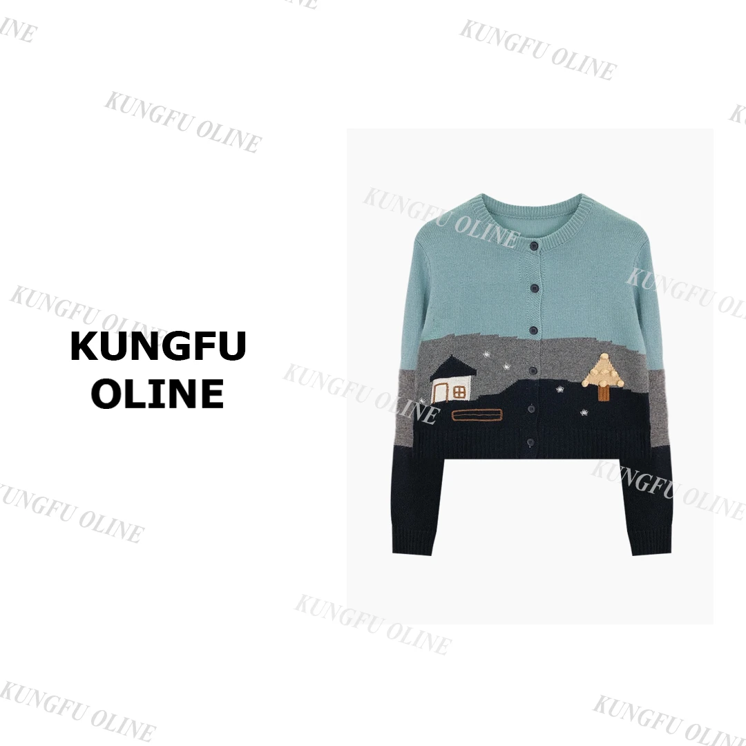 【吕小妖】KS7219小房子开衫毛衣女圆领秋冬百搭毛针织衫显气质