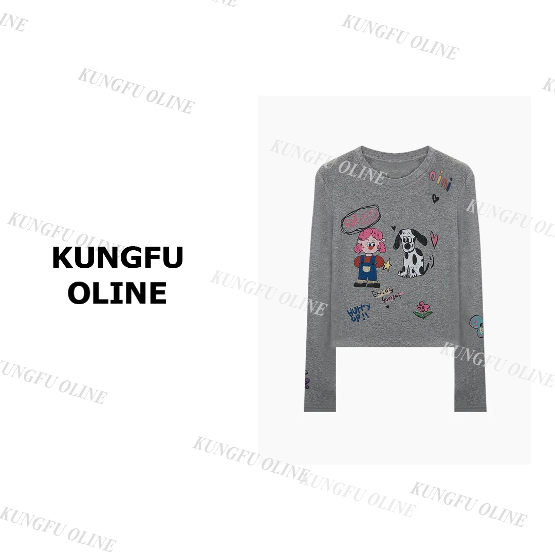 【圈圈】CT6516斑点狗印花长袖T恤百搭慵懒风纯棉薄款上衣女