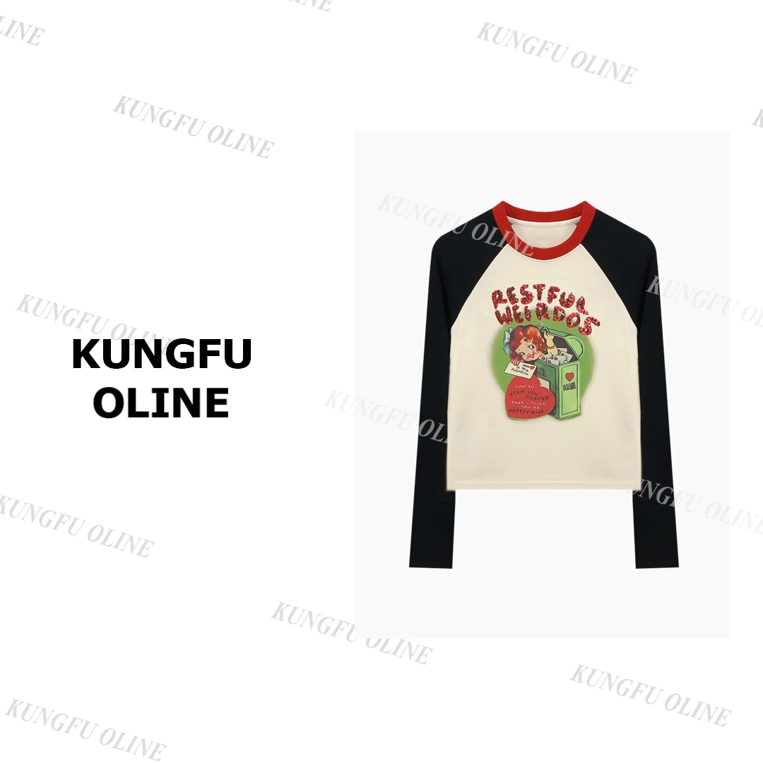 【邮箱女孩】CT6168拼接色棉T恤女秋季时髦小众宽松长袖上衣