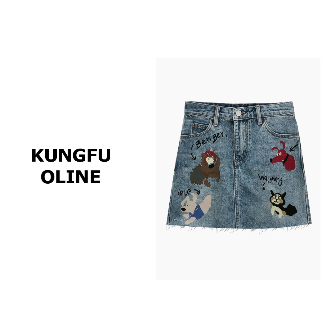 【现现】【旺旺裙】QZ6521夏季新牛仔裙显瘦卡通图案印花百搭半身裙