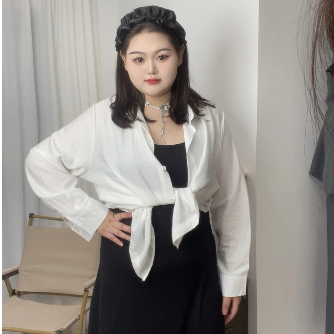 膨胀女孩大萌大码女装衬衫连衣裙休闲修身两件套