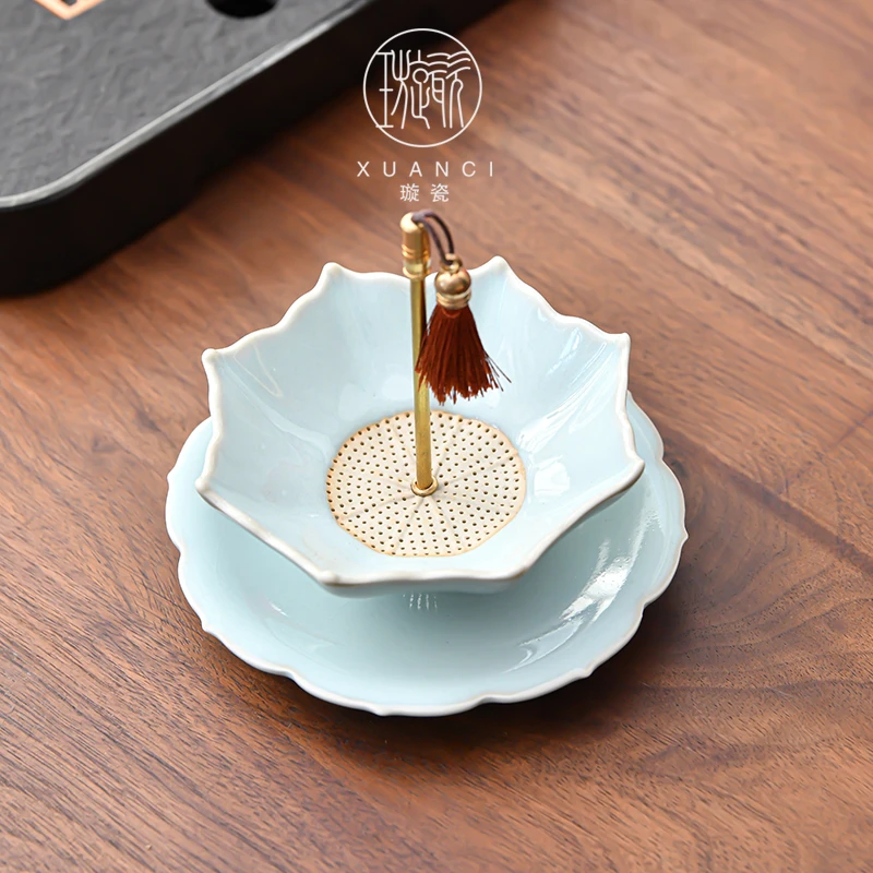 璇瓷创意旋转汝瓷汝窑制品茶漏茶滤手工家用大滤茶网滤茶器茶摆件