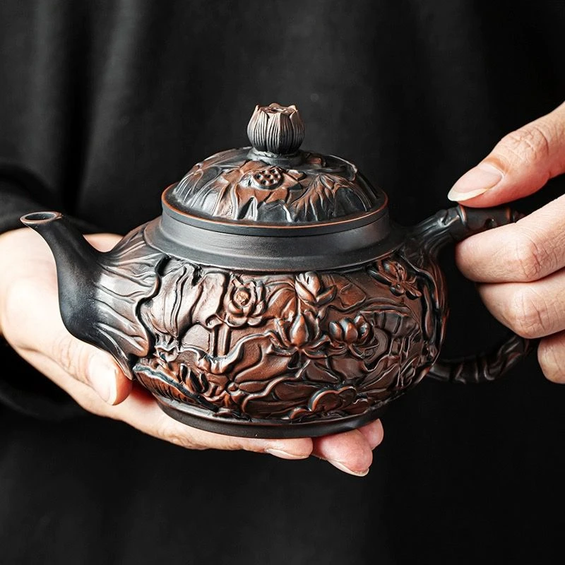 云南紫陶茶壶手工浮雕水平壶陶瓷茶杯功夫茶具高端泡茶器大容量