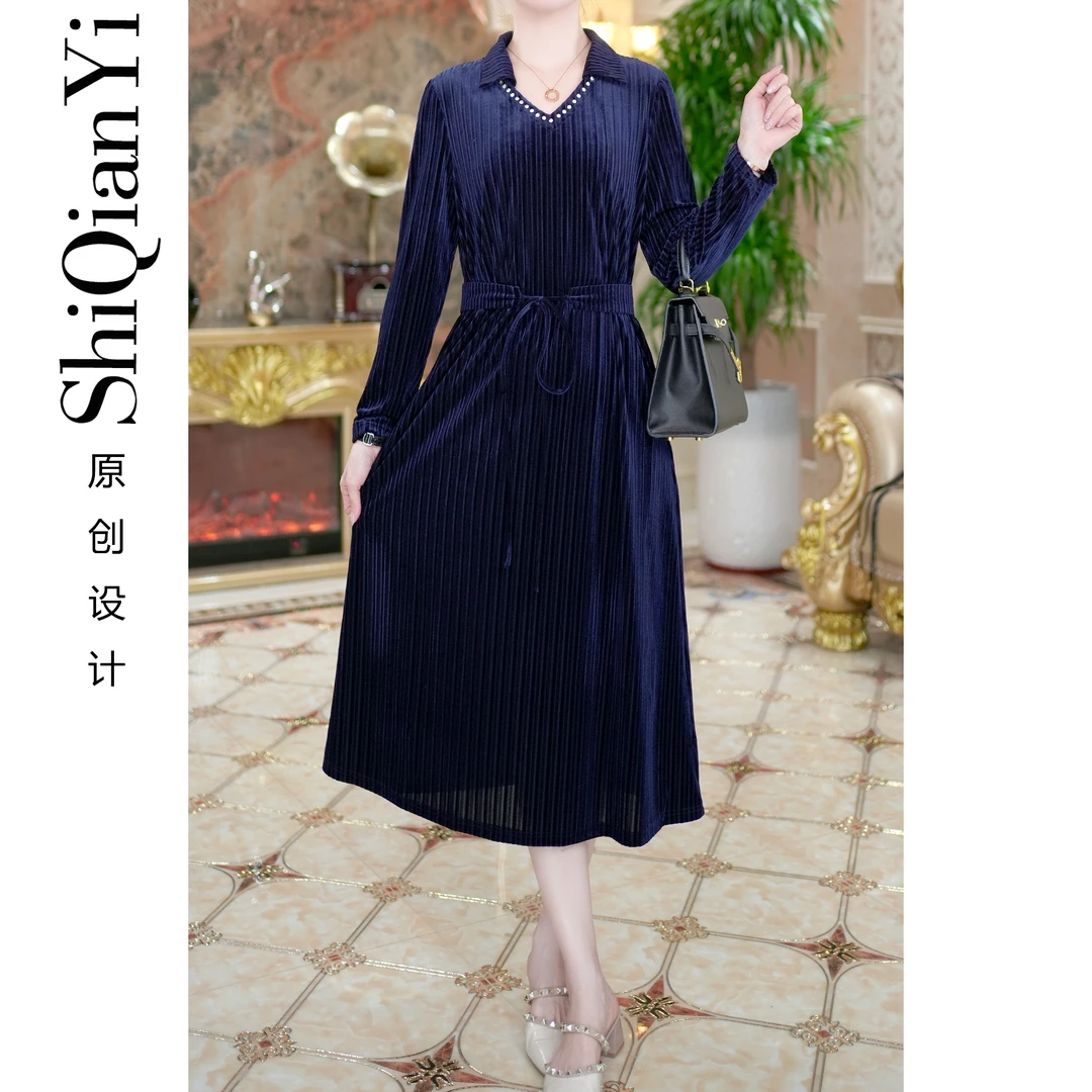 【诗千逸定制-蓝宝石】2024秋冬保暖阔太太显瘦金丝绒连衣裙A1306