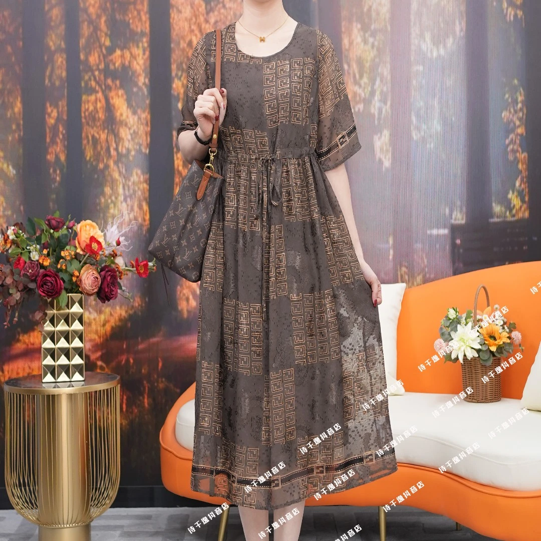 【诗千逸定制】灰咖圆领定制印花抽带气质a字夏季短袖连衣裙A0606L