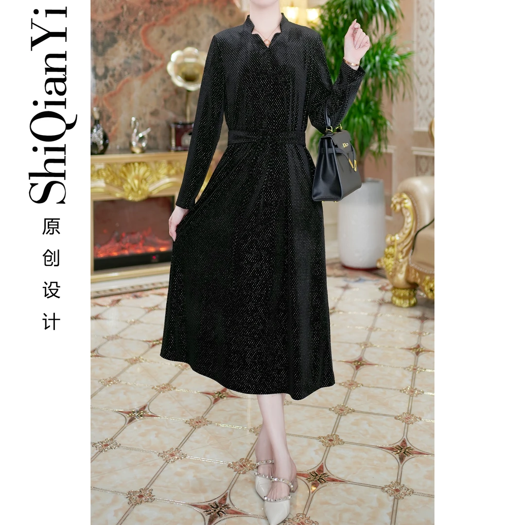 【诗千逸定制-静夜】2024秋冬保暖名媛阔太太显瘦金丝绒连衣裙A1303