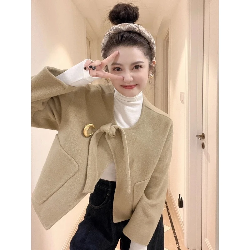 小香风毛呢外套女秋冬2023年新款港风加厚驼色高级感绑带夹克上衣