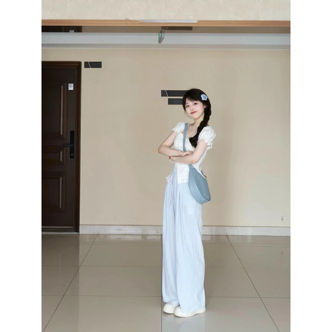 夏季时尚一整套韩系小个子法式白色泡泡袖衬衫配休闲阔腿裤两件套