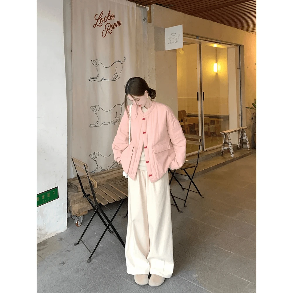 新中式粉色盘扣宽松加厚棉服冬季新款甜美保暖休闲百搭阔腿裤套装
