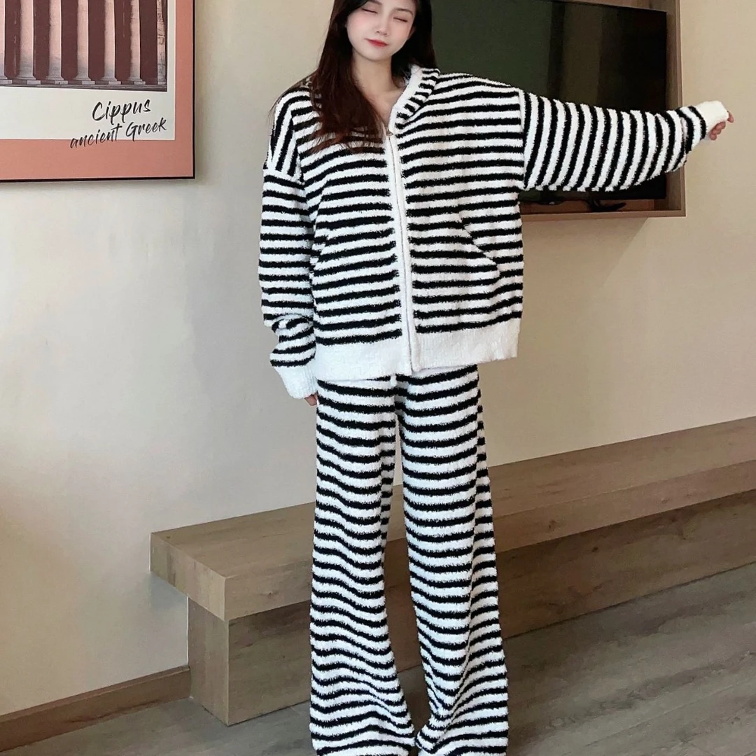 秋冬新款软绵绵半边绒黑白条纹拉链开衫连帽套装可外穿家居服zz