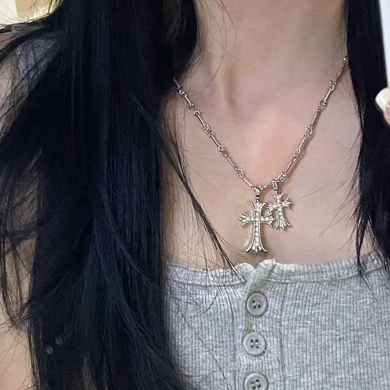 铜合金项链 双十字架项链轻奢设计感小众吊坠辣妹ins锁骨链冷淡风