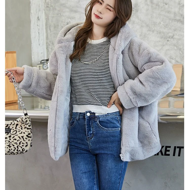 2024冬季新款外套女款气质名媛毛绒加厚时尚中长款一体连帽大衣