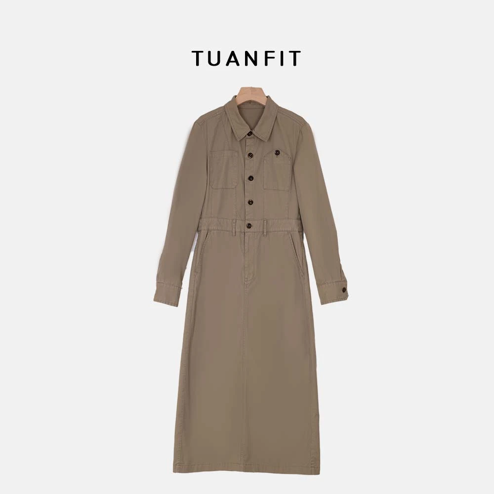 【TuanFit】复古翻领口袋收腰工装连衣裙时尚小众简约显瘦裙子D53