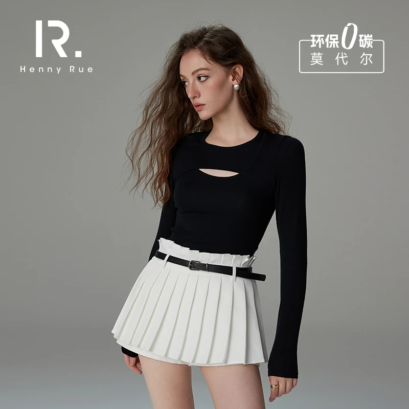 HennyRue亨尼露春夏新款莫代尔解构风显瘦长袖打底衫修身弹力