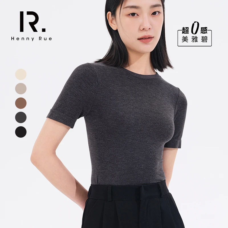 HennyRue亨尼露新款女士美雅碧超零感小圆领短袖休闲纯色T恤半袖