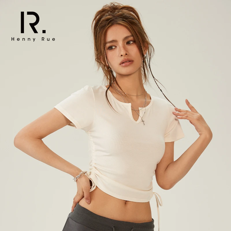 HennyRue亨尼露新款甜酷小辣妹抽绳短袖运动短款透气百搭T恤23379
