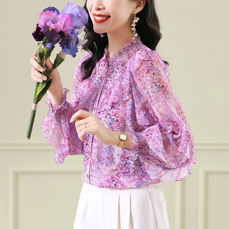 碎花真丝衬衫女2025春新款荷叶边法式韩系衬衣桑蚕丝别致漂亮上衣