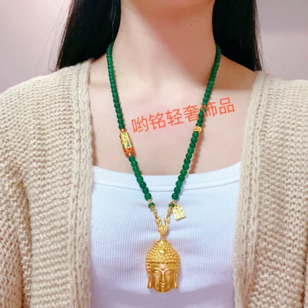 合金项链 合金项链轻奢配饰饰品长款绿色珠珠链配瑞特大号大佛头
