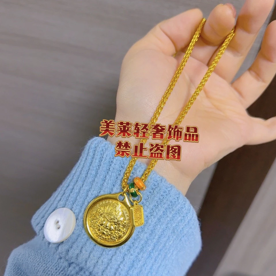 合金珐琅项链 浮雕黄财配跑环肖邦链60cm长